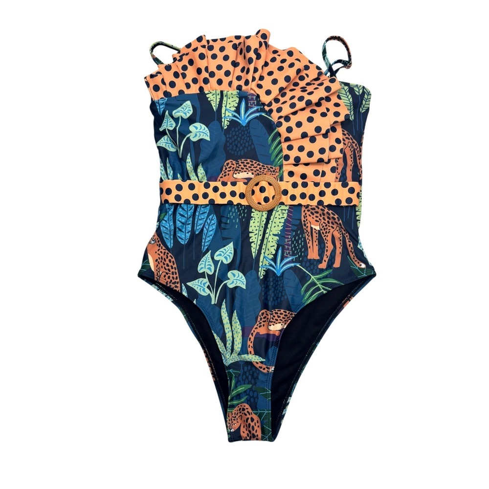 Flaxmaker One Piece Swimsuit Women Large Blue Leopard Jungle Polka Dot Ruffle‎